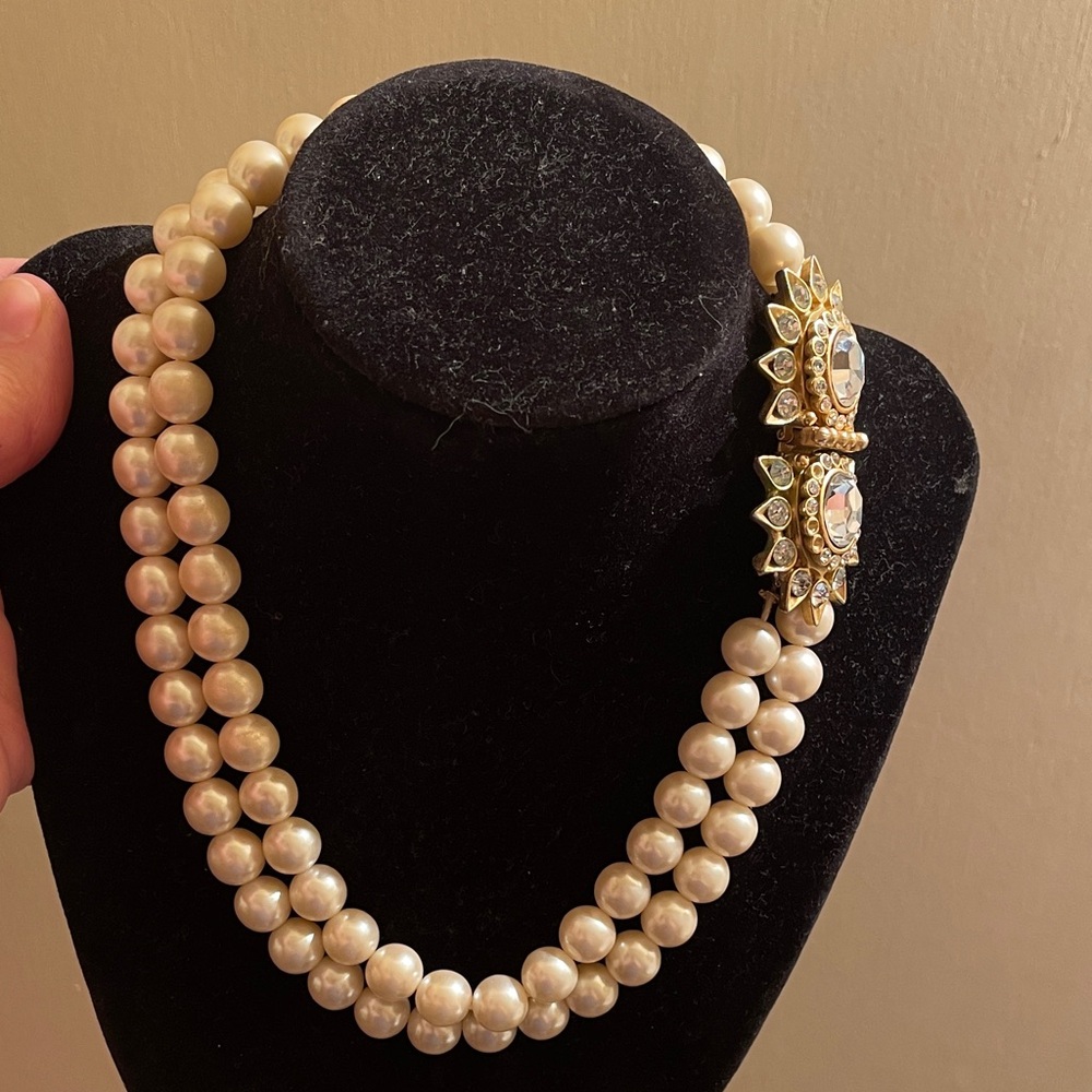 Vintage Double-Strand Faux Pearl Necklace with Ornate Gold-tone Sunburst Clasp